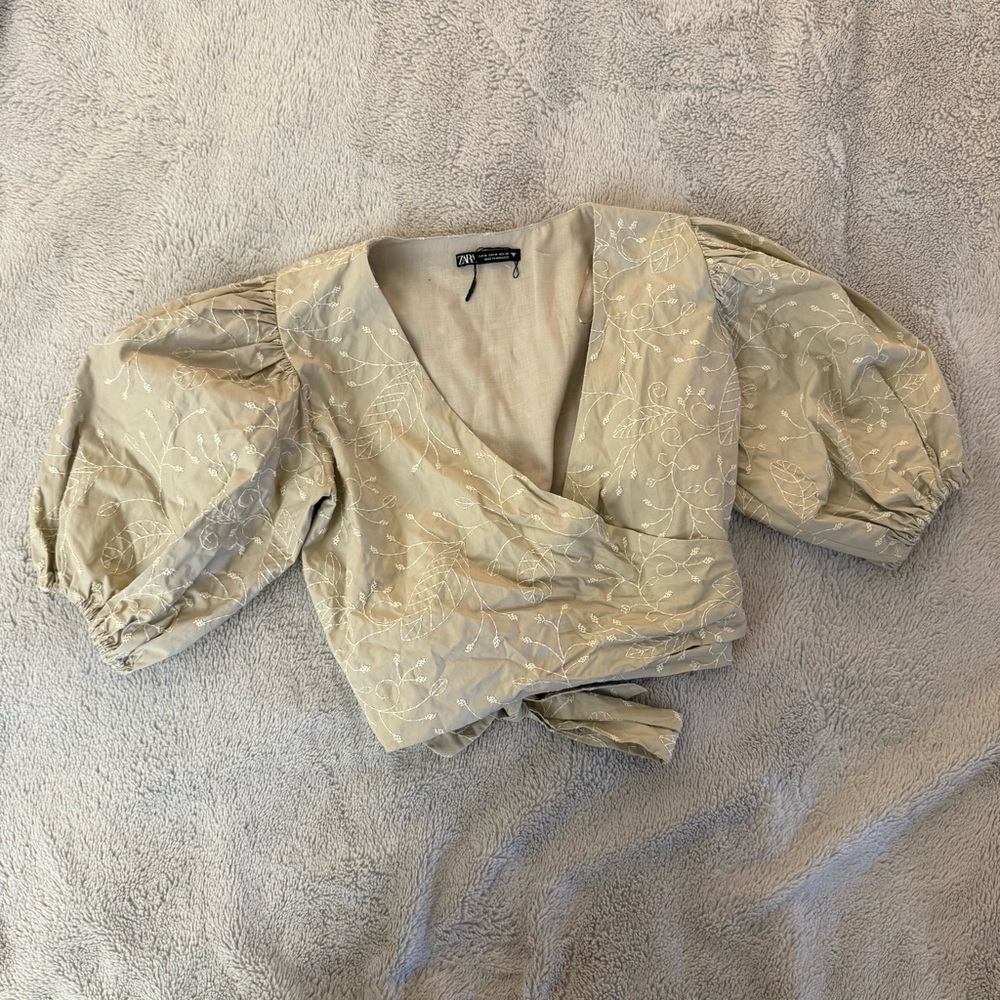 Zara Embroidered Puff Sleeve Wrap Crop Top